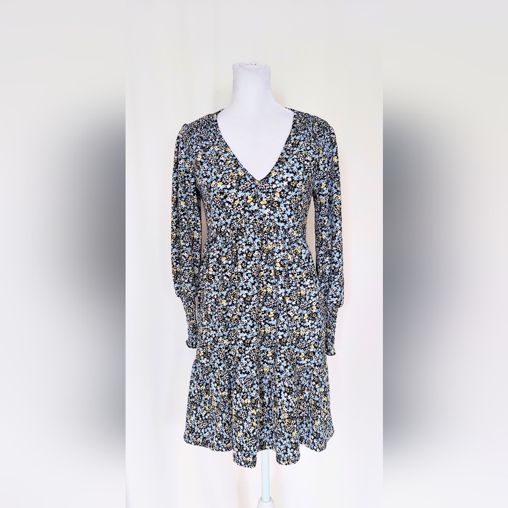 Miss Selfridge V Neck Dress Gathered Ruffle Sleeve Floral Print Size 4